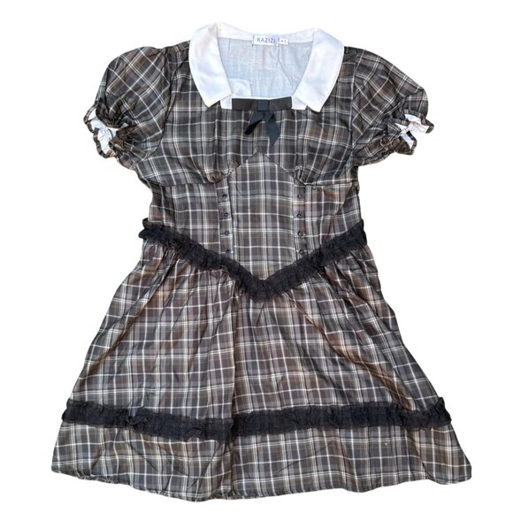 Vintage Style Plaid Dress Gothic Victorian Puff Sleeves White Collar Black Bow R - Picture 1 of 10